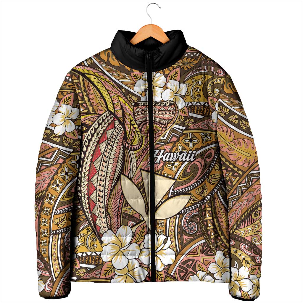 Personalised Hawaii Tribal Humpback Whale Padded Jacket Melemele Hibiscus Seamless Pattern