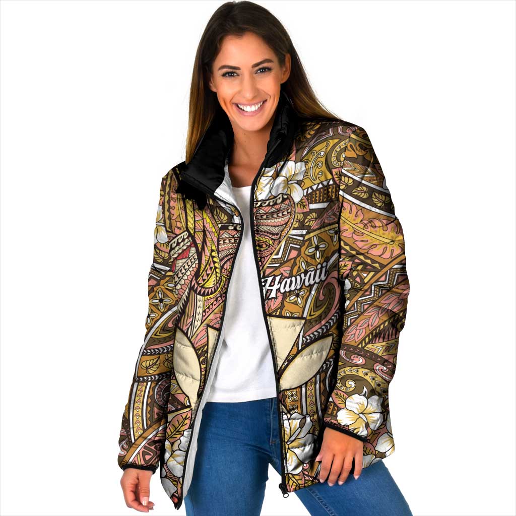 Personalised Hawaii Tribal Humpback Whale Padded Jacket Melemele Hibiscus Seamless Pattern