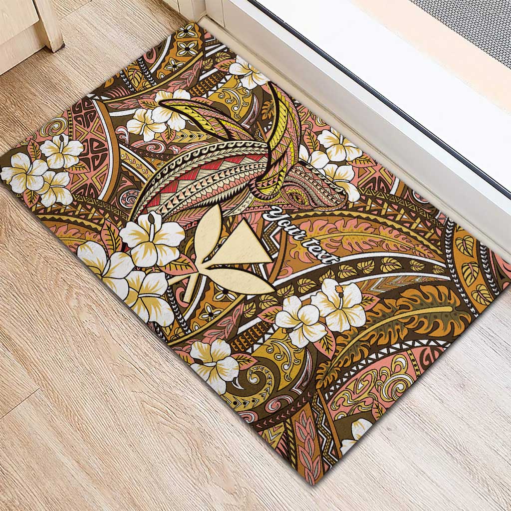 Personalised Hawaii Tribal Humpback Whale Rubber Doormat Melemele Hibiscus Seamless Pattern
