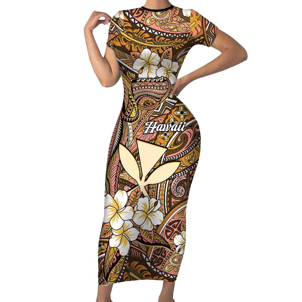Personalised Hawaii Tribal Humpback Whale Short Sleeve Bodycon Dress Melemele Hibiscus Seamless Pattern