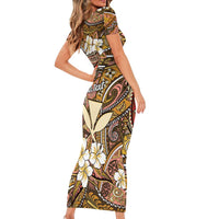 Personalised Hawaii Tribal Humpback Whale Short Sleeve Bodycon Dress Melemele Hibiscus Seamless Pattern