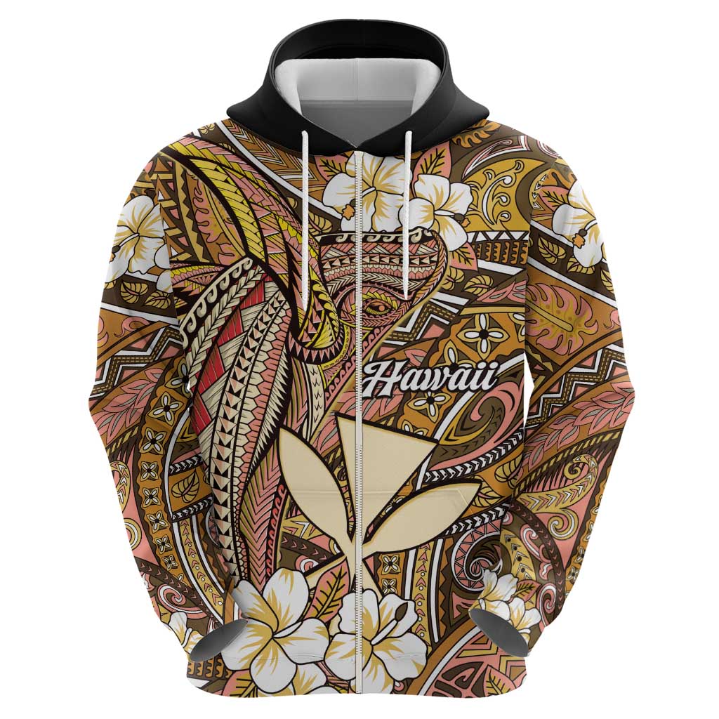 Personalised Hawaii Tribal Humpback Whale Zip Hoodie Melemele Hibiscus Seamless Pattern