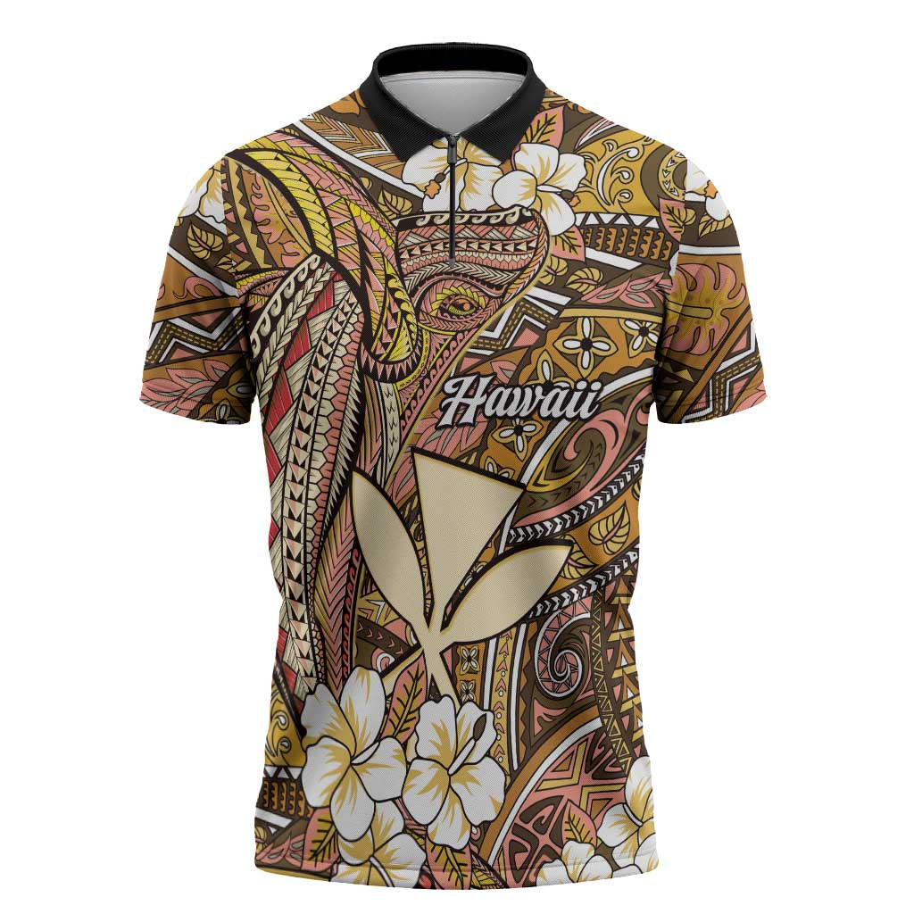 Personalised Hawaii Tribal Humpback Whale Zipper Polo Shirt Melemele Hibiscus Seamless Pattern LT9 Gold - Polynesian Pride