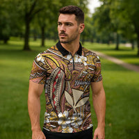 Personalised Hawaii Tribal Humpback Whale Zipper Polo Shirt Melemele Hibiscus Seamless Pattern
