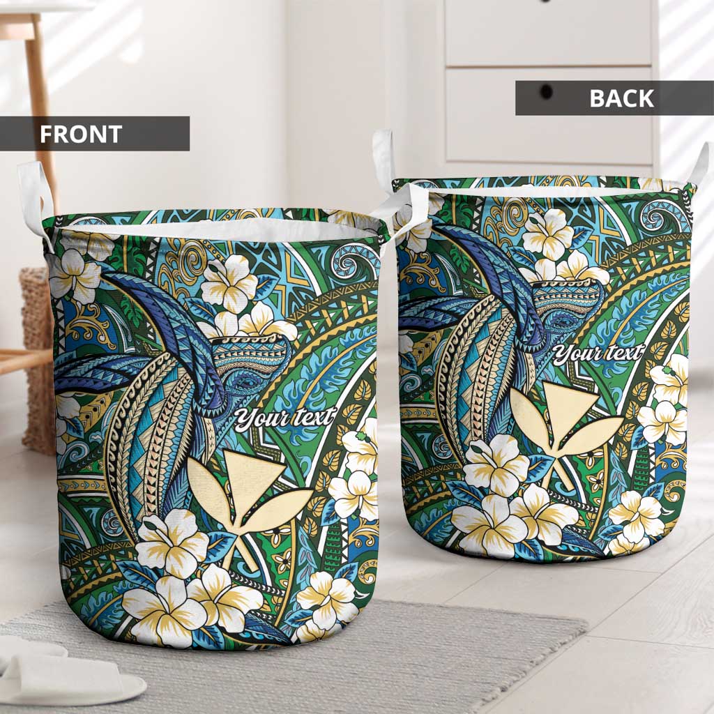 Personalised Hawaii Tribal Humpback Whale Laundry Basket Omaomao Hibiscus Seamless Pattern