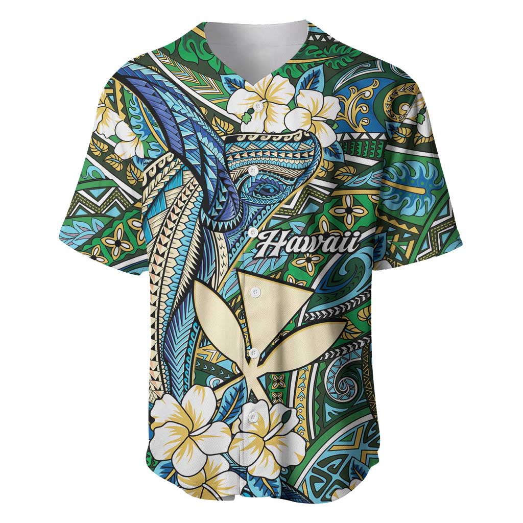 Personalised Hawaii Tribal Humpback Whale Baseball Jersey Omaomao Hibiscus Seamless Pattern