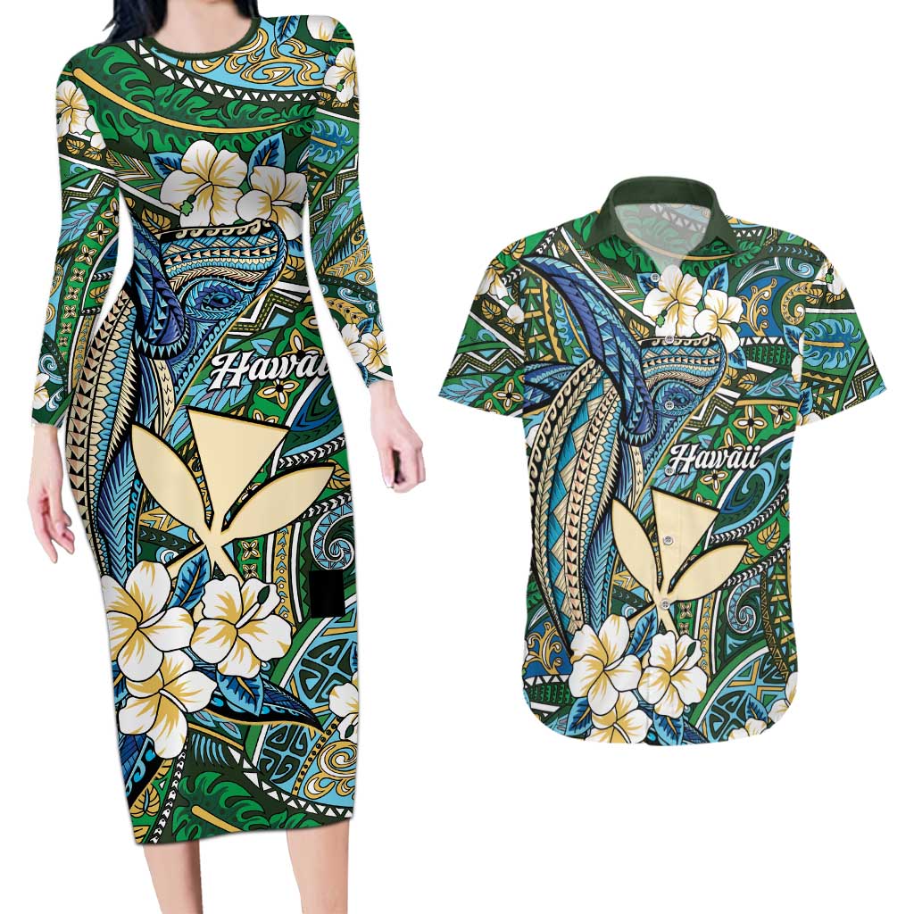 Personalised Hawaii Tribal Humpback Whale Couples Matching Long Sleeve Bodycon Dress and Hawaiian Shirt Omaomao Hibiscus Seamless Pattern LT9 Green - Polynesian Pride