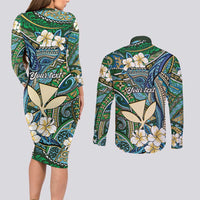Personalised Hawaii Tribal Humpback Whale Couples Matching Long Sleeve Bodycon Dress and Long Sleeve Button Shirt Omaomao Hibiscus Seamless Pattern LT9 - Polynesian Pride