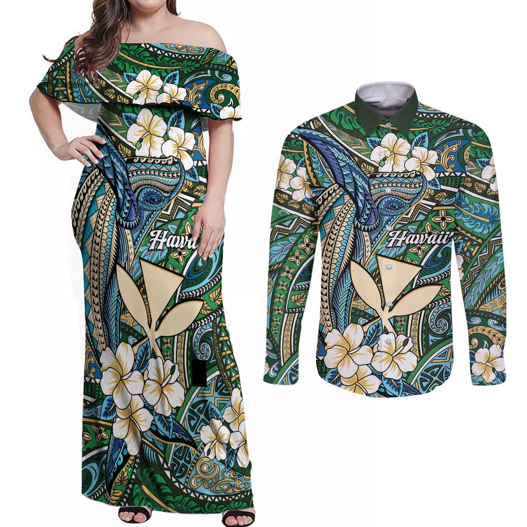 Personalised Hawaii Tribal Humpback Whale Couples Matching Off Shoulder Maxi Dress and Long Sleeve Button Shirt Omaomao Hibiscus Seamless Pattern LT9 Green - Polynesian Pride