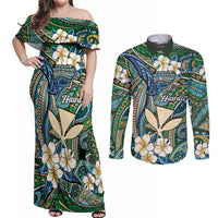 Personalised Hawaii Tribal Humpback Whale Couples Matching Off Shoulder Maxi Dress and Long Sleeve Button Shirt Omaomao Hibiscus Seamless Pattern LT9 Green - Polynesian Pride