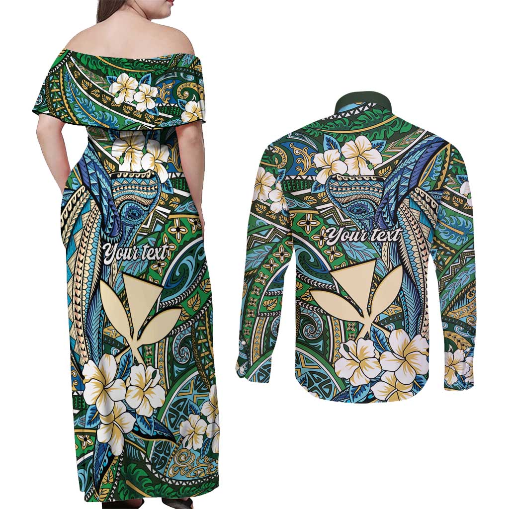 Personalised Hawaii Tribal Humpback Whale Couples Matching Off Shoulder Maxi Dress and Long Sleeve Button Shirt Omaomao Hibiscus Seamless Pattern LT9 - Polynesian Pride