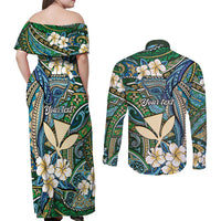 Personalised Hawaii Tribal Humpback Whale Couples Matching Off Shoulder Maxi Dress and Long Sleeve Button Shirt Omaomao Hibiscus Seamless Pattern LT9 - Polynesian Pride