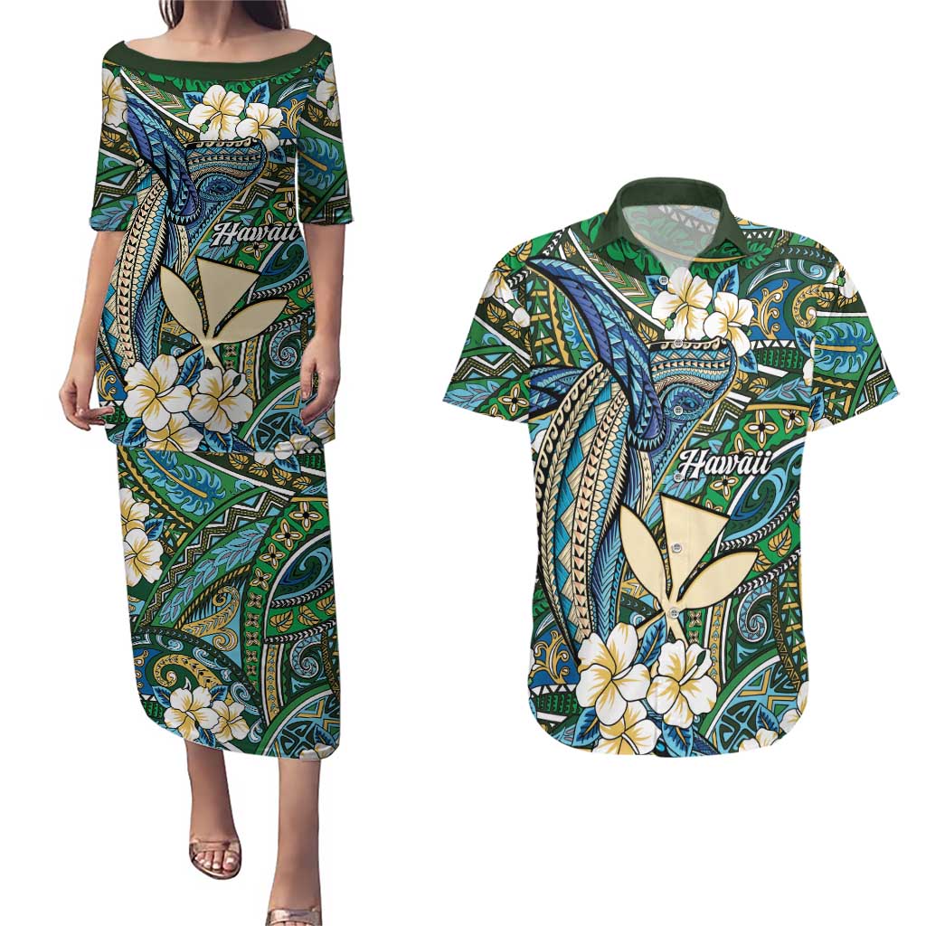 Personalised Hawaii Tribal Humpback Whale Couples Matching Puletasi and Hawaiian Shirt Omaomao Hibiscus Seamless Pattern LT9 Green - Polynesian Pride