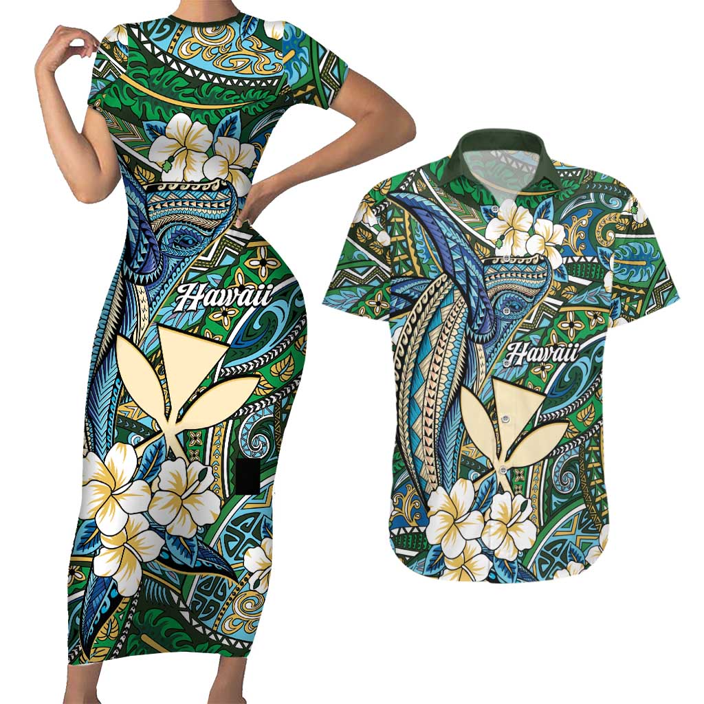 Personalised Hawaii Tribal Humpback Whale Couples Matching Short Sleeve Bodycon Dress and Hawaiian Shirt Omaomao Hibiscus Seamless Pattern LT9 Green - Polynesian Pride