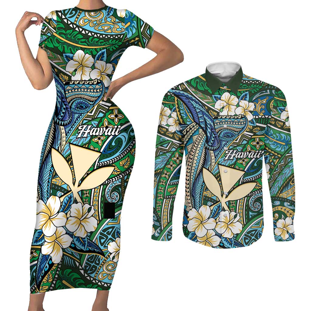 Personalised Hawaii Tribal Humpback Whale Couples Matching Short Sleeve Bodycon Dress and Long Sleeve Button Shirt Omaomao Hibiscus Seamless Pattern LT9 Green - Polynesian Pride