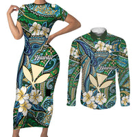 Personalised Hawaii Tribal Humpback Whale Couples Matching Short Sleeve Bodycon Dress and Long Sleeve Button Shirt Omaomao Hibiscus Seamless Pattern LT9 Green - Polynesian Pride
