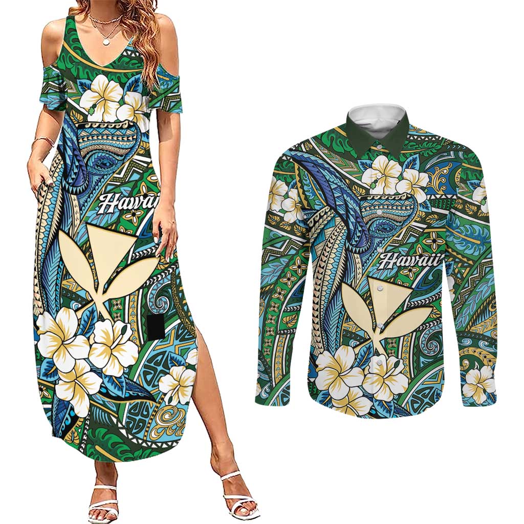 Personalised Hawaii Tribal Humpback Whale Couples Matching Summer Maxi Dress and Long Sleeve Button Shirt Omaomao Hibiscus Seamless Pattern LT9 Green - Polynesian Pride