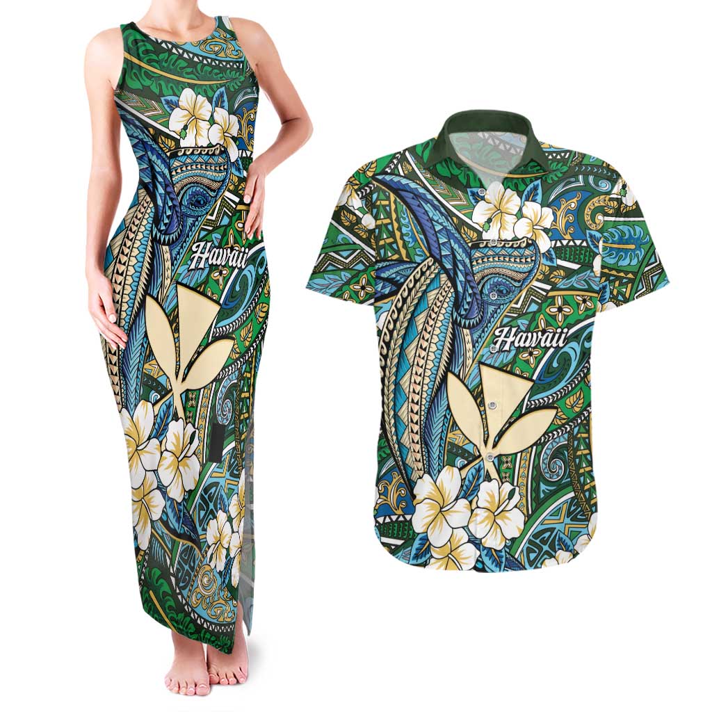 Personalised Hawaii Tribal Humpback Whale Couples Matching Tank Maxi Dress and Hawaiian Shirt Omaomao Hibiscus Seamless Pattern LT9 Green - Polynesian Pride