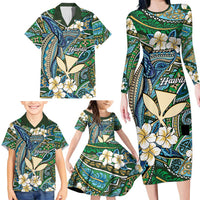 Personalised Hawaii Tribal Humpback Whale Family Matching Long Sleeve Bodycon Dress and Hawaiian Shirt Omaomao Hibiscus Seamless Pattern