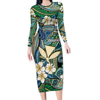 Personalised Hawaii Tribal Humpback Whale Family Matching Long Sleeve Bodycon Dress and Hawaiian Shirt Omaomao Hibiscus Seamless Pattern
