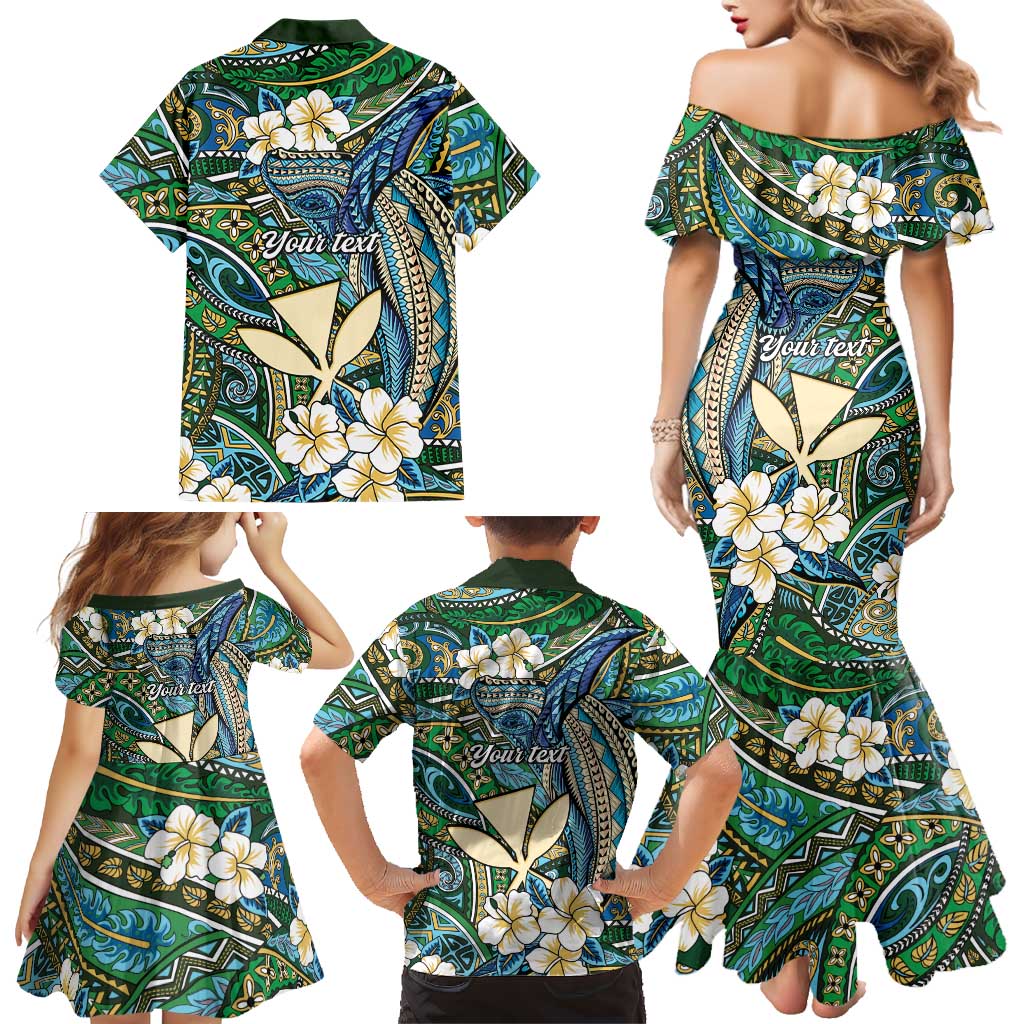 Personalised Hawaii Tribal Humpback Whale Family Matching Mermaid Dress and Hawaiian Shirt Omaomao Hibiscus Seamless Pattern