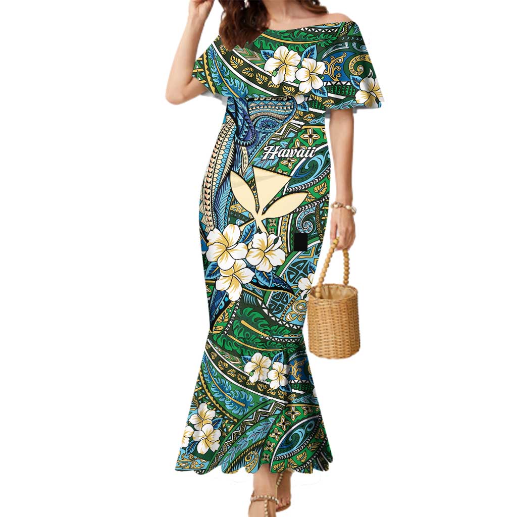 Personalised Hawaii Tribal Humpback Whale Family Matching Mermaid Dress and Hawaiian Shirt Omaomao Hibiscus Seamless Pattern