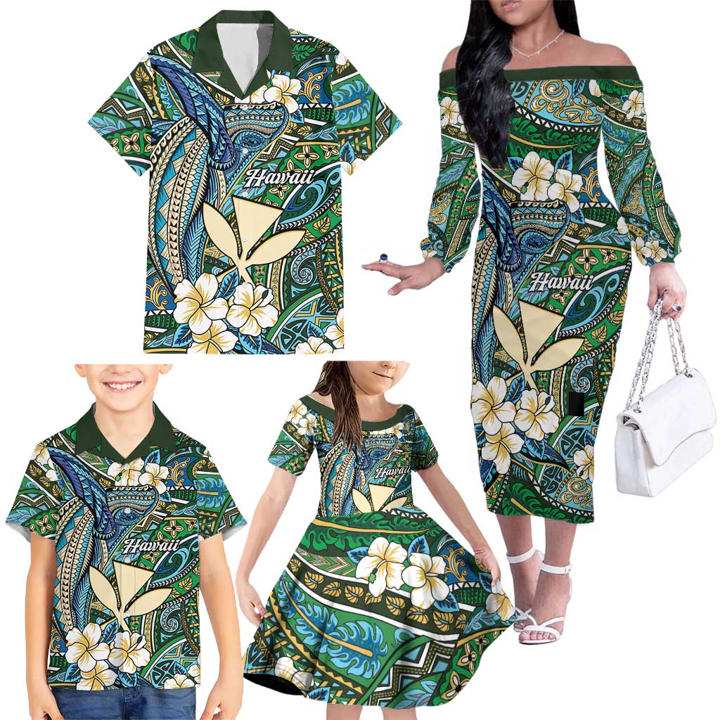 Personalised Hawaii Tribal Humpback Whale Family Matching Off The Shoulder Long Sleeve Dress and Hawaiian Shirt Omaomao Hibiscus Seamless Pattern