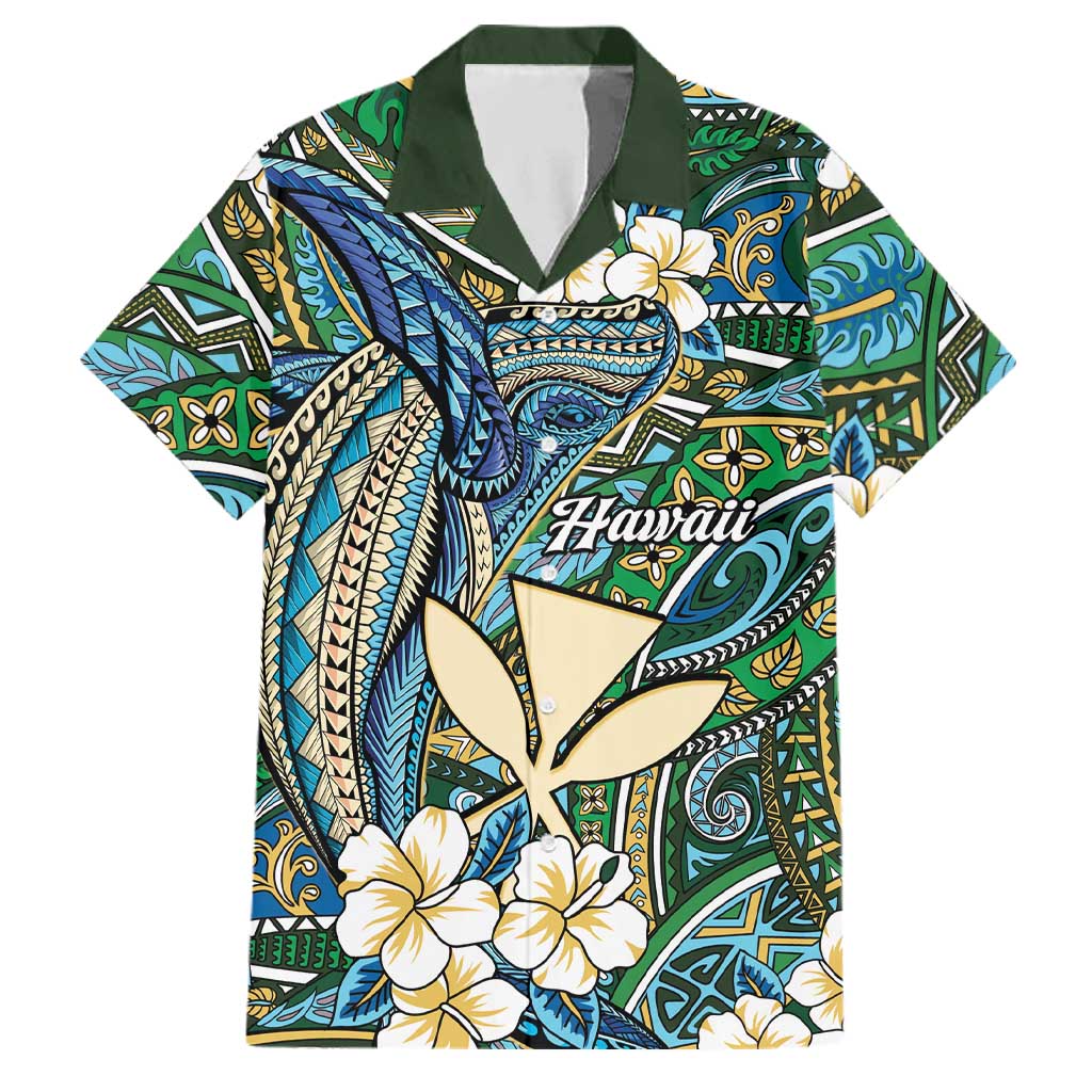 Personalised Hawaii Tribal Humpback Whale Family Matching Off The Shoulder Long Sleeve Dress and Hawaiian Shirt Omaomao Hibiscus Seamless Pattern
