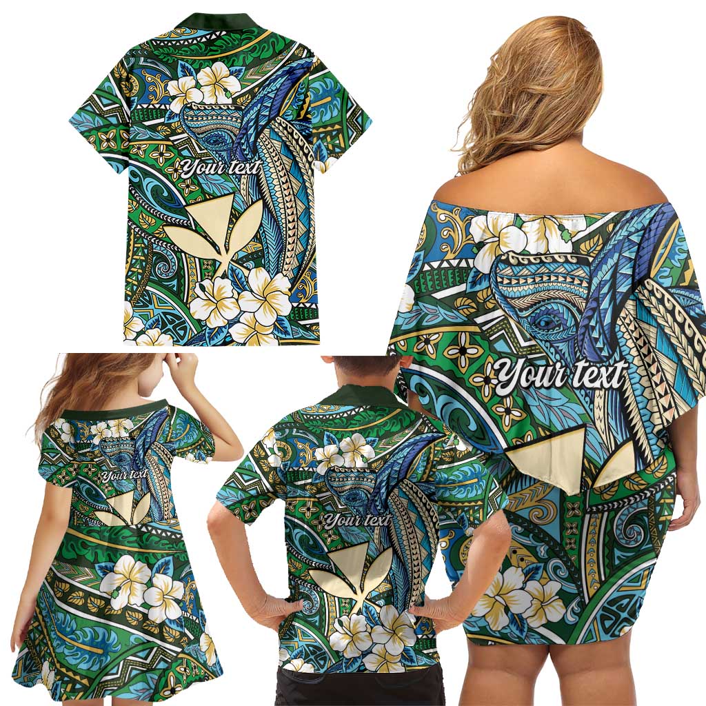 Personalised Hawaii Tribal Humpback Whale Family Matching Off Shoulder Short Dress and Hawaiian Shirt Omaomao Hibiscus Seamless Pattern