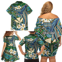 Personalised Hawaii Tribal Humpback Whale Family Matching Off Shoulder Short Dress and Hawaiian Shirt Omaomao Hibiscus Seamless Pattern