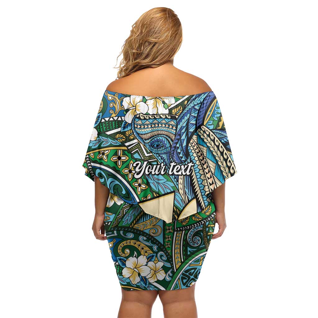 Personalised Hawaii Tribal Humpback Whale Family Matching Off Shoulder Short Dress and Hawaiian Shirt Omaomao Hibiscus Seamless Pattern