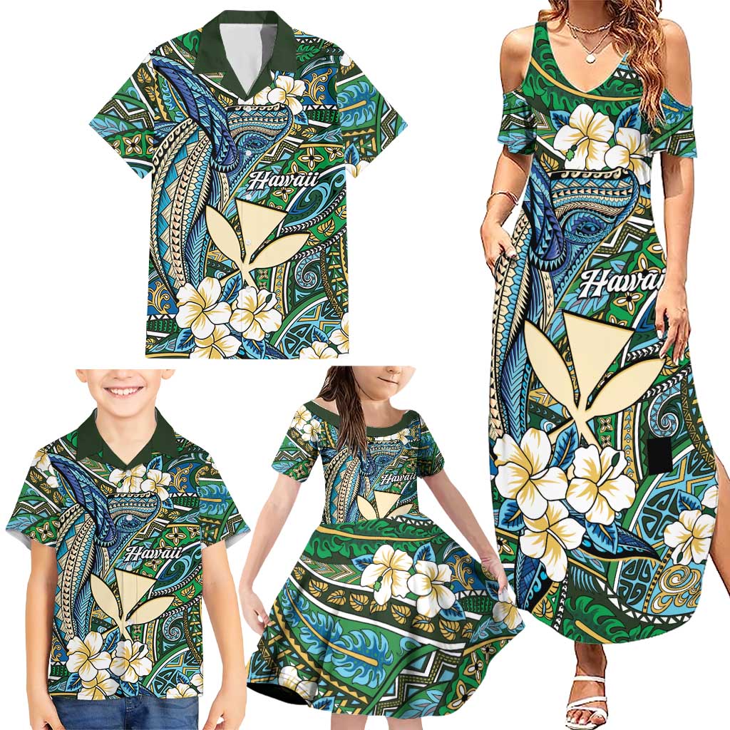Personalised Hawaii Tribal Humpback Whale Family Matching Summer Maxi Dress and Hawaiian Shirt Omaomao Hibiscus Seamless Pattern