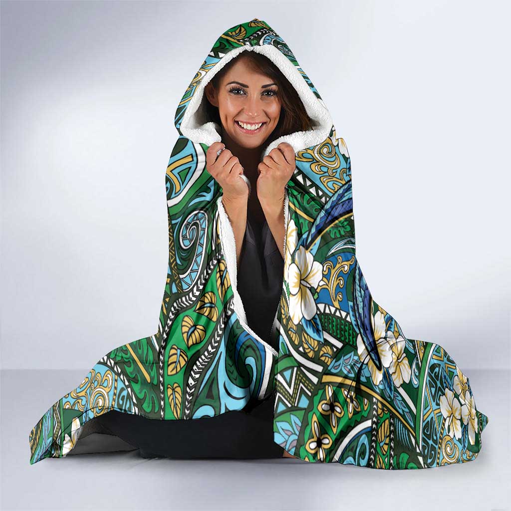 Personalised Hawaii Tribal Humpback Whale Hooded Blanket Omaomao Hibiscus Seamless Pattern LT9 - Polynesian Pride