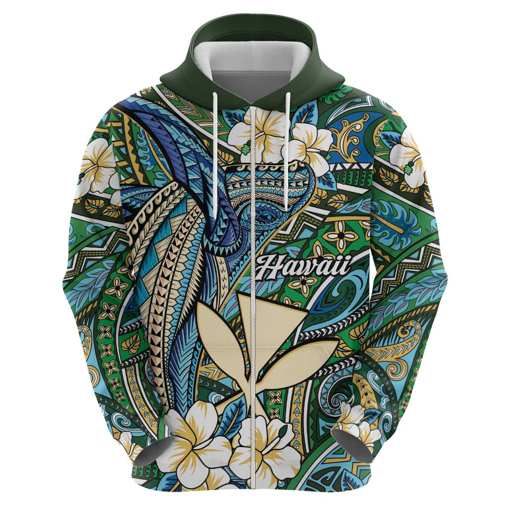 Personalised Hawaii Tribal Humpback Whale Hoodie Omaomao Hibiscus Seamless Pattern