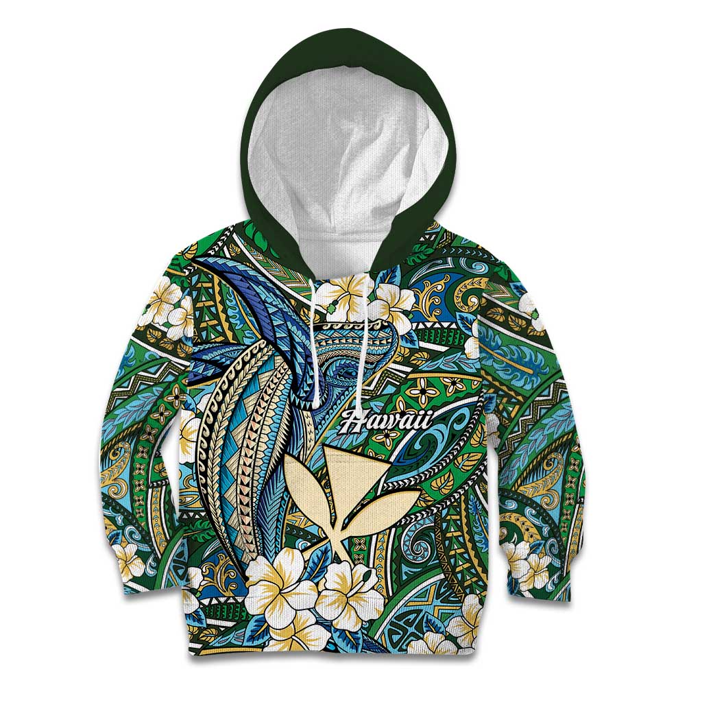 Personalised Hawaii Tribal Humpback Whale Kid Hoodie Omaomao Hibiscus Seamless Pattern LT9 Hoodie Green - Polynesian Pride