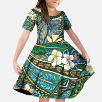 Personalised Hawaii Tribal Humpback Whale Kid Short Sleeve Dress Omaomao Hibiscus Seamless Pattern