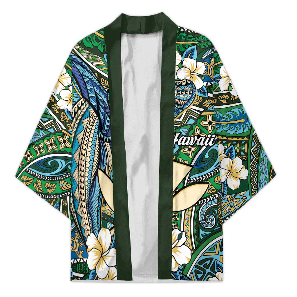 Personalised Hawaii Tribal Humpback Whale Kimono Omaomao Hibiscus Seamless Pattern LT9 Unisex Green - Polynesian Pride