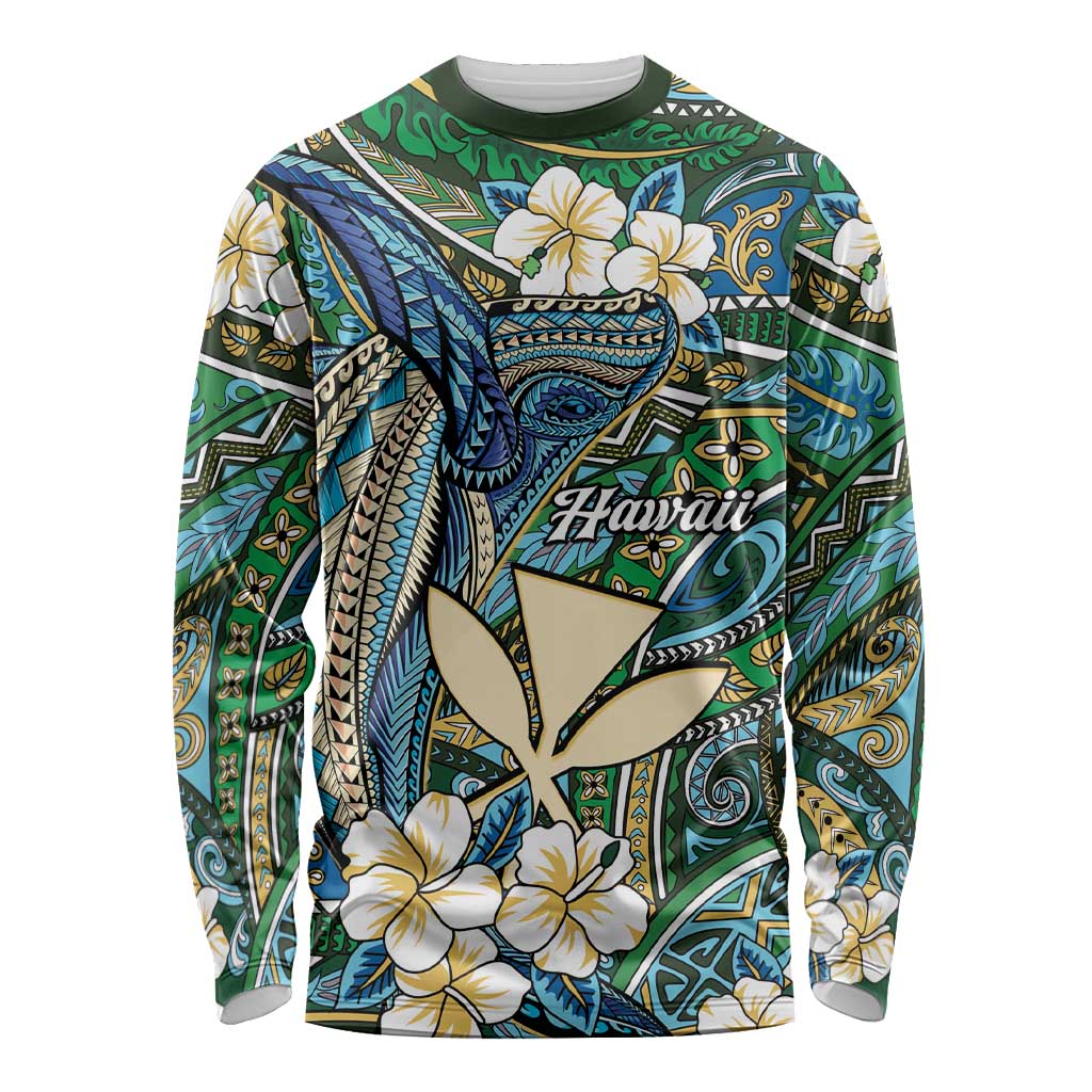Personalised Hawaii Tribal Humpback Whale Long Sleeve Shirt Omaomao Hibiscus Seamless Pattern