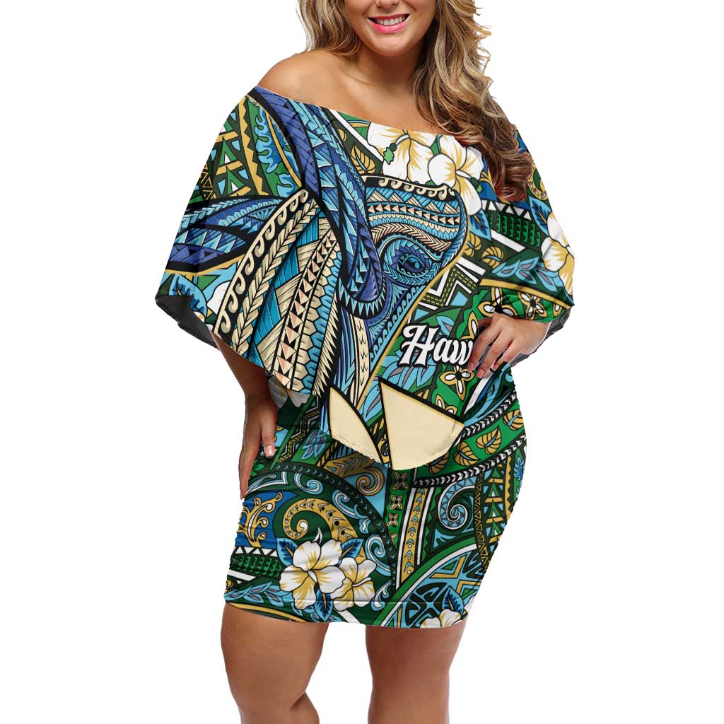 Personalised Hawaii Tribal Humpback Whale Off Shoulder Short Dress Omaomao Hibiscus Seamless Pattern LT9 Women Green - Polynesian Pride