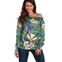 Personalised Hawaii Tribal Humpback Whale Off Shoulder Sweater Omaomao Hibiscus Seamless Pattern