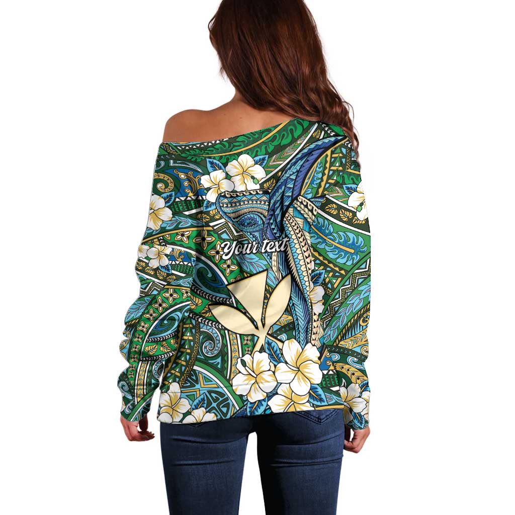Personalised Hawaii Tribal Humpback Whale Off Shoulder Sweater Omaomao Hibiscus Seamless Pattern
