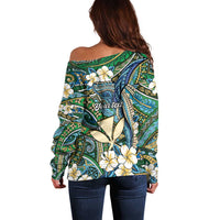 Personalised Hawaii Tribal Humpback Whale Off Shoulder Sweater Omaomao Hibiscus Seamless Pattern