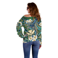 Personalised Hawaii Tribal Humpback Whale Off Shoulder Sweater Omaomao Hibiscus Seamless Pattern
