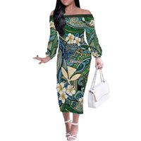 Personalised Hawaii Tribal Humpback Whale Off The Shoulder Long Sleeve Dress Omaomao Hibiscus Seamless Pattern