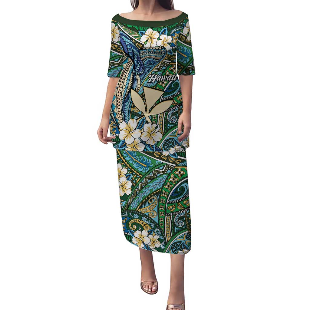 Personalised Hawaii Tribal Humpback Whale Puletasi Omaomao Hibiscus Seamless Pattern