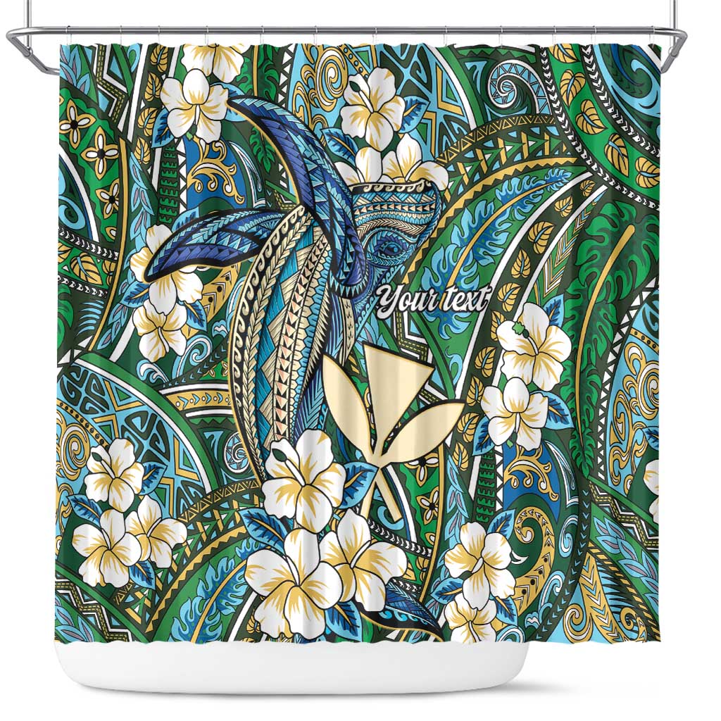 Personalised Hawaii Tribal Humpback Whale Shower Curtain Omaomao Hibiscus Seamless Pattern LT9 Green - Polynesian Pride