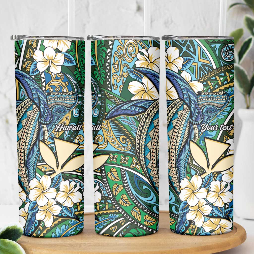 Personalised Hawaii Tribal Humpback Whale Skinny Tumbler Omaomao Hibiscus Seamless Pattern