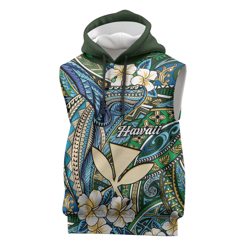 Personalised Hawaii Tribal Humpback Whale Sleeveless Hoodie Omaomao Hibiscus Seamless Pattern LT9 Green - Polynesian Pride