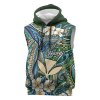 Personalised Hawaii Tribal Humpback Whale Sleeveless Hoodie Omaomao Hibiscus Seamless Pattern LT9 Green - Polynesian Pride
