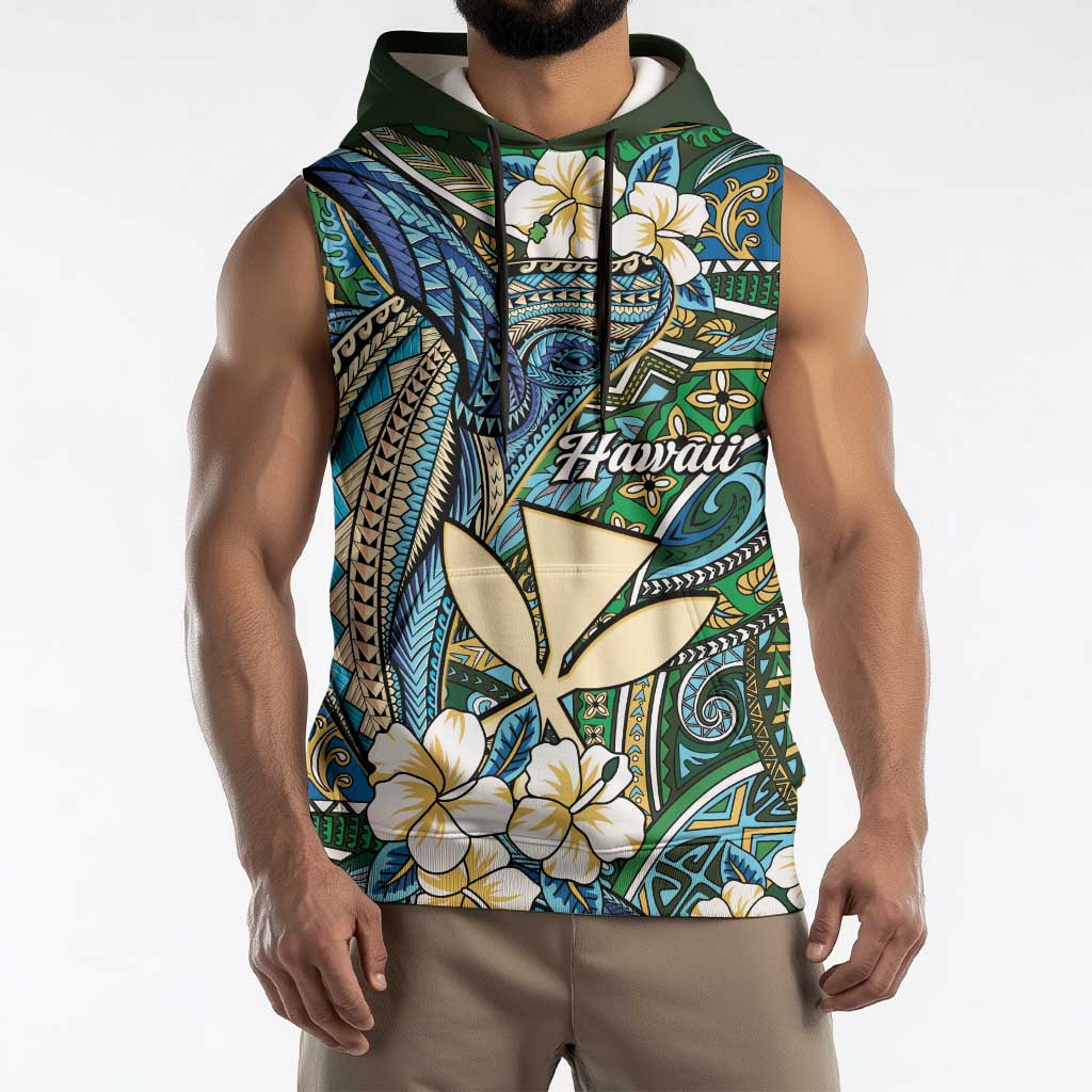 Personalised Hawaii Tribal Humpback Whale Sleeveless Hoodie Omaomao Hibiscus Seamless Pattern LT9 - Polynesian Pride